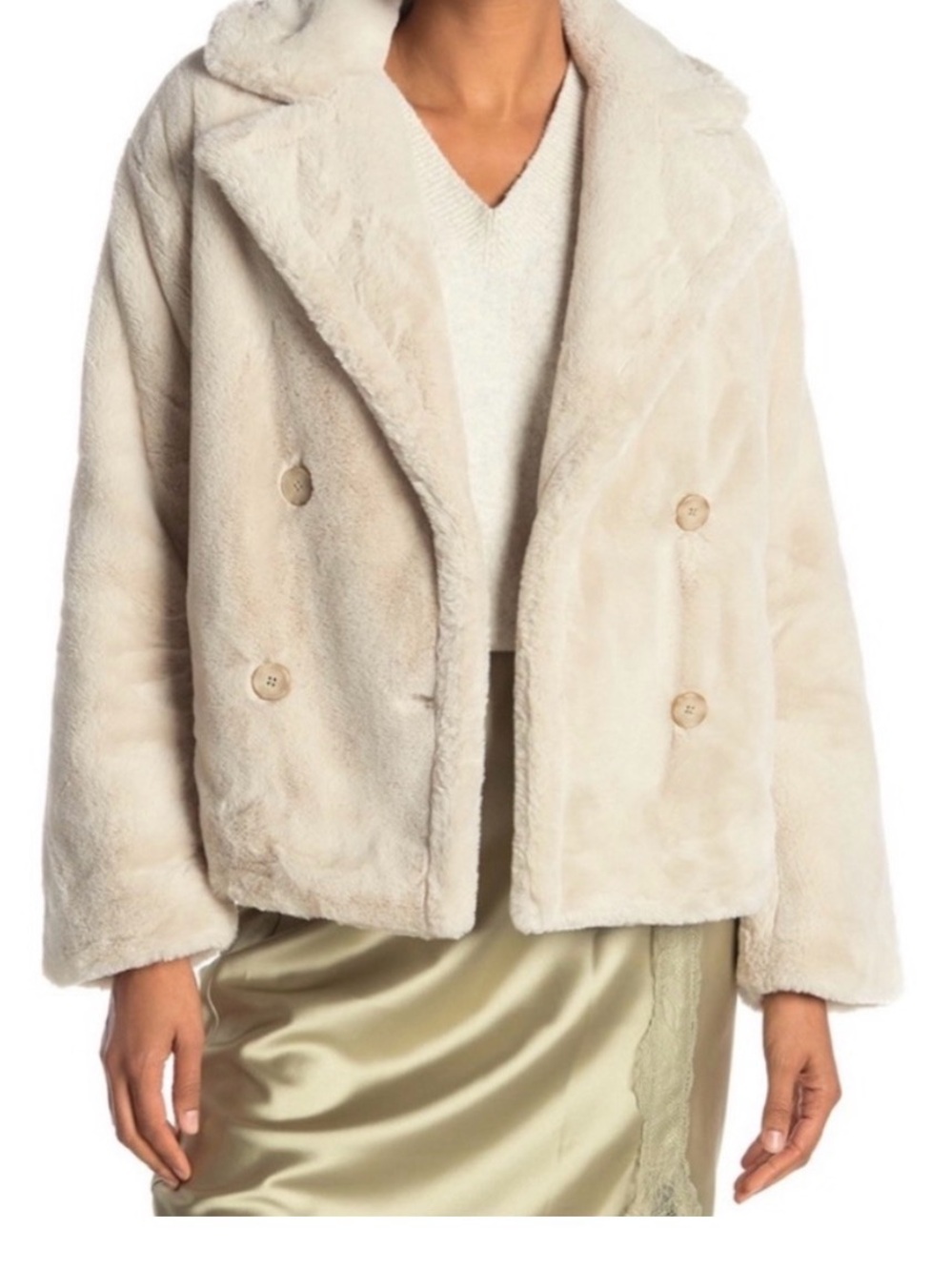 Vince Faux Fur Teddy Jacket Cream Double Breasted Machine Wash Cozy Luxe Large
